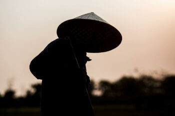 Silhouette eines Mannes mit einem kegelförmigen Hut in Vietnam.