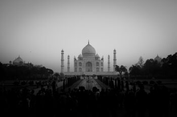 Taj Mahal en noir et blanc, Inde.